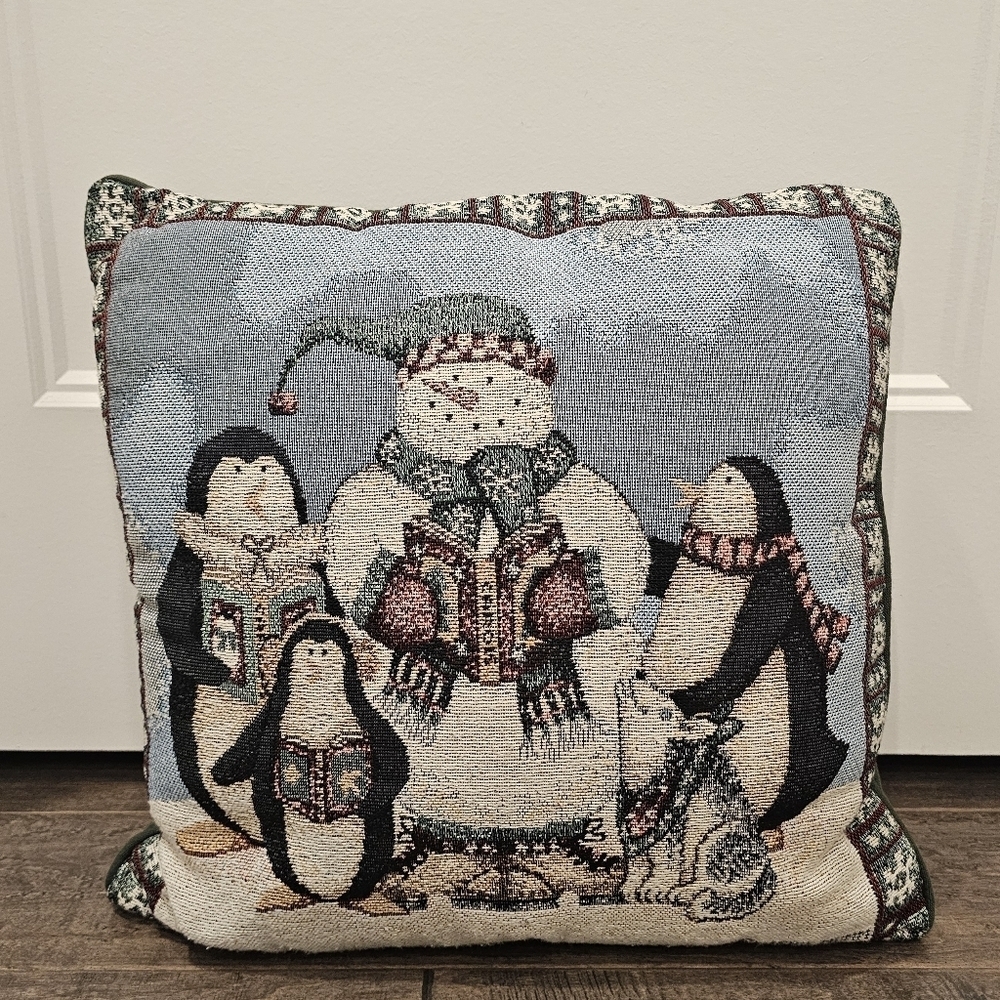 Vintage Debbie Mumm Tapestry Pillow with a Snowman, Pup, & Penguin Carolers